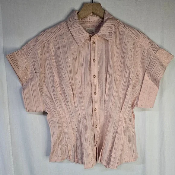 Anthropologie Pilcro The Bobbie Blouse Pink Rose Gold Lurex Stripe Fitted Waist - Picture 3 of 11